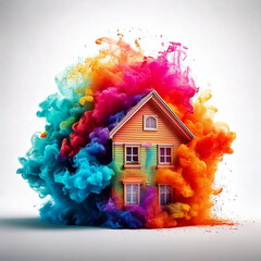 minimalistic house made of colorful smoke in 3d, on a white background