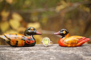Two wooden mandarin ducks. there is a jewelry ring between them. A symbol of love and strong family...