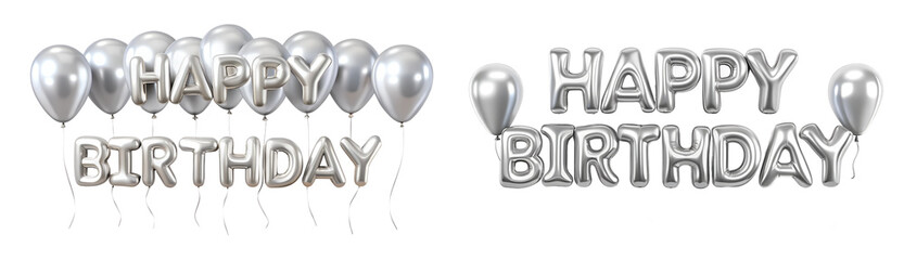 abstract silver happy birthday foil balloons, cut out on the white background