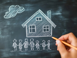 Man Drawing Family Home on Chalkboard
