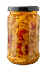 Chopped eggplant canned with chili peppers in oil in glass jar isolated