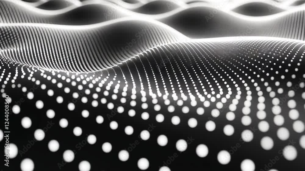 Poster Abstract Data Wave:  A mesmerizing abstract image featuring a dynamic wave of interconnected dots, creating a sense of motion, flow, and technological advancement.