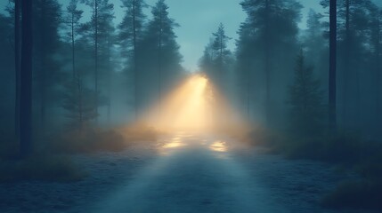 Fototapeta premium Misty Forest Path Illuminated By Golden Light