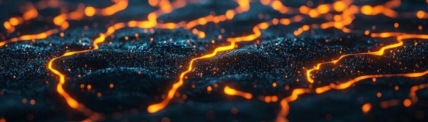 A vibrant depiction of flowing lava with glowing orange lines against a dark, textured background, showcasing volcanic activity and geological beauty.