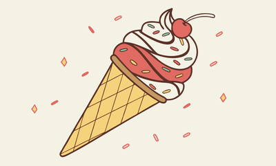 Cute Cartoon Ice Cream Cone with Sprinkles and Cherry
