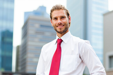 Fototapeta premium Smiling businessman standing in front of modern office buildings