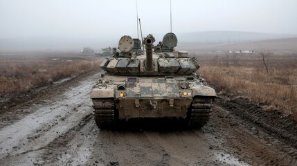 Tank convoy muddy road winter field military
