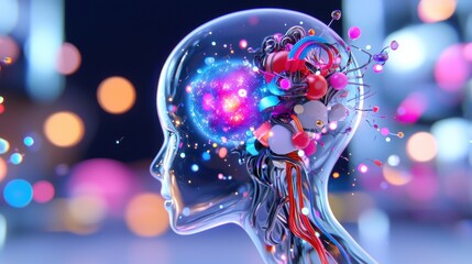 Transparent Head with Colorful Neural Network and City Lights Background