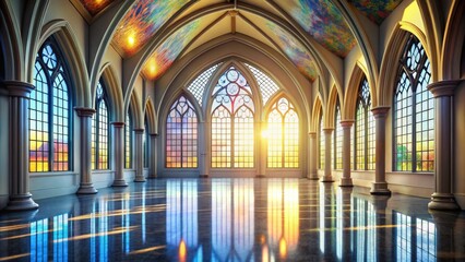 Sunlit Grandeur A Majestic Hall with Gothic Architecture and Stained Glass Windows