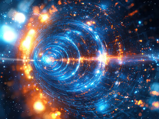 Fototapeta premium Intense quantum search visualizing Grovers algorithm as qubits navigate a dark landscape with glowing digital pathways