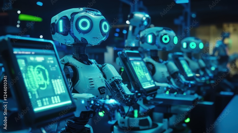Poster advanced robots processing information on glowing computer screens in a futuristic laboratory, illus
