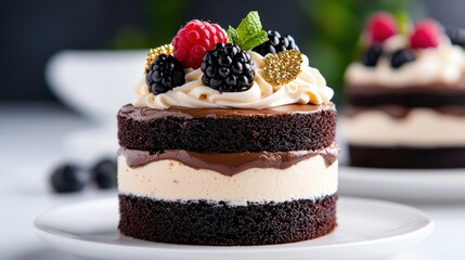 Two-Layered Chocolate Mini Cake with Cream and Berries