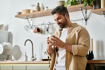 Handsome man enjoying a quiet moment in a modern kitchen filled with greenery
