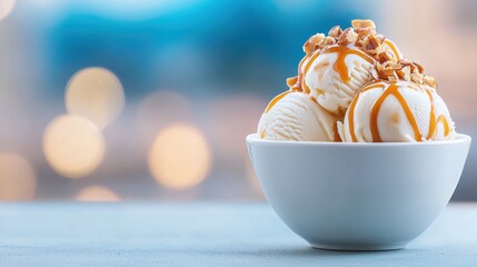 Vanilla Ice Cream with Caramel and Walnuts in White Bowl