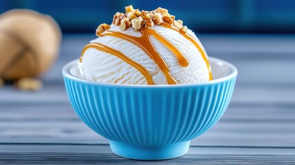 Vanilla Ice Cream with Caramel Sauce and Walnuts in Blue Bowl