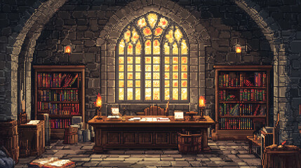 Obraz premium Medieval Castle Scriptorium with Illuminated Manuscripts
