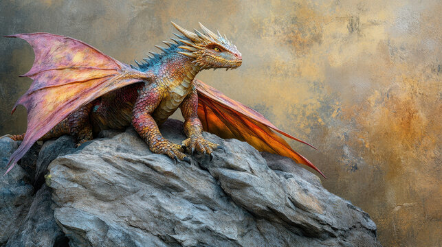 Majestic Dragon Perched on Rocky Outcrop Against Golden Backdrop During Twilight