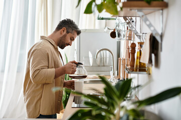 Handsome man brews fresh coffee in a sunlit kitchen filled with greenery and warmth