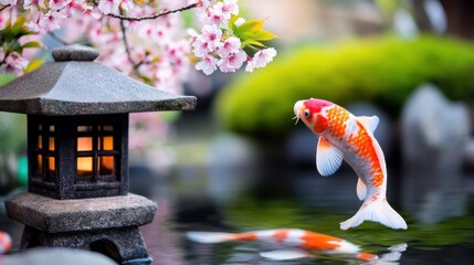 Vibrant Koi Fish Leaping in a Japanese Garden Pond with Cherry Blossoms and Stone Lantern
