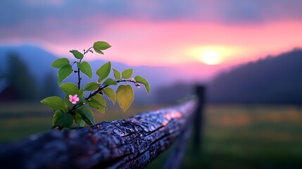 Vibrant Pink And Purple Sunset Over Rural Landscape With Blooming Flower On Wooden Fence