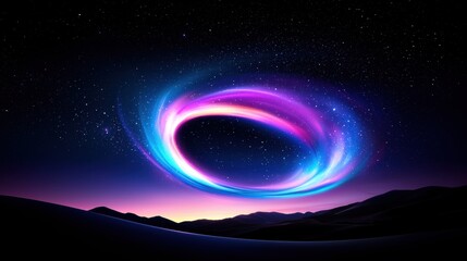 Vibrant Pink And Blue Cosmic Ring Over Dark Mountain Landscape At Night