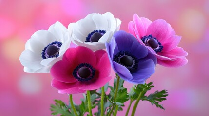 Vibrant Pink Purple White Anemone Flowers Closeup Soft Pink Background