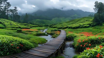 Obraz premium Wooden bridge path, tea plantation, misty mountains, red flowers, travel