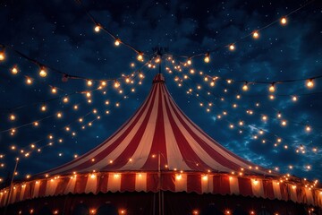 Bright lights adorn a vintage circus tent at dusk with red and white fabric under a starry sky. Generative AI