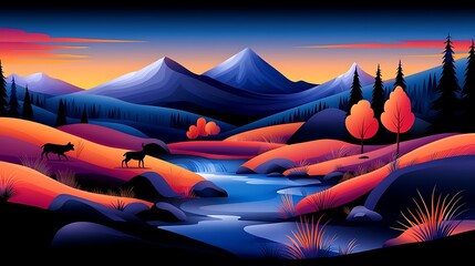 Vibrant Sunset Landscape With Purple And Orange Mountains And Blue River