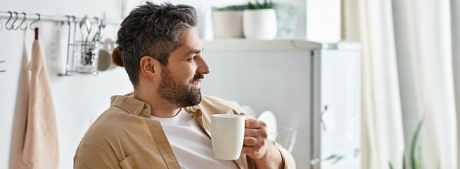 Charming man enjoying a cup of coffee in a stylish kitchen during a sunny morning