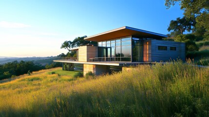 Obraz premium A home powered by renewable energy sources with a clean, modern design. 