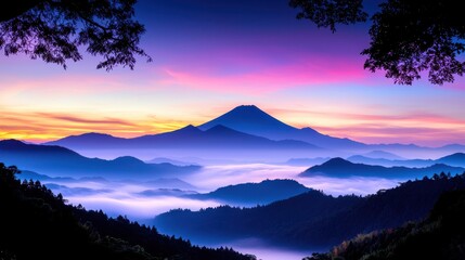 Vibrant Sunrise Over Misty Mountain Range