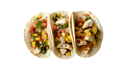 Overhead view of three chicken street corn tacos filled with colorful vegetables and topped with salsa, placed on a minimalist white surface