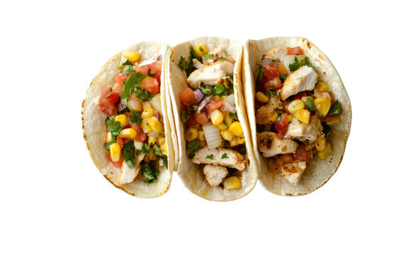 Overhead view of three chicken street corn tacos filled with colorful vegetables and topped with salsa, placed on a minimalist white surface