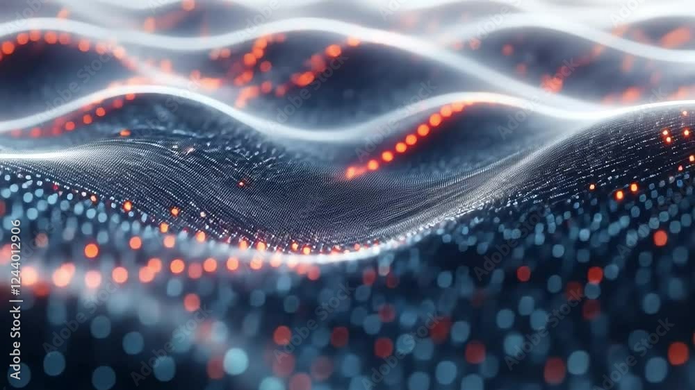 Poster Abstract Data Wave:  A mesmerizing digital rendering of a flowing data wave, with glowing particles in shades of blue and orange creating a sense of movement and energy.