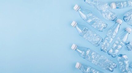 Crushed plastic bottles on blue background; recycling concept