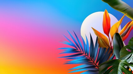 Vibrant Tropical Leaves and Sunset Gradient Background