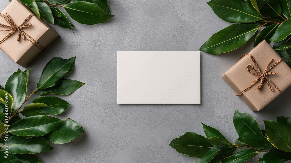 Wall mural White paper wrapped with brown ribbon and accompanied by fresh green leaves on a neutral background