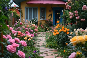 Fototapeta premium Colorful roses line a stone path to a cozy home