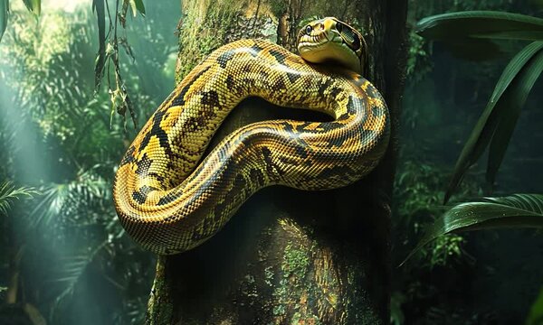 Colorful python resting on a tree in a lush jungle setting