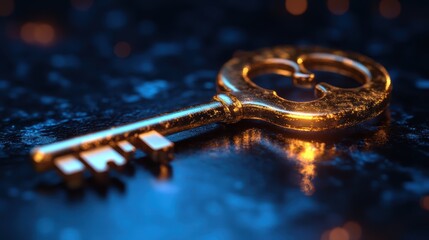 A glowing metallic key with blue and orange lights. The key represents access, security, opportunity, and power.