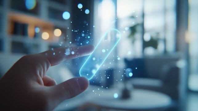 Closeup of the inhalers surface featuring tactile buttons with a finger poised to interact surrounded by a blurred background of a living room conveying ease of access and userfriendly