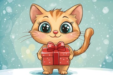 Adorable kitten holding a christmas gift, perfect for holiday greetings and festive designs