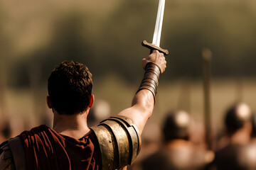 A Roman centurion standing in front of his troops, raising his sword to signal the start of a great battle.


