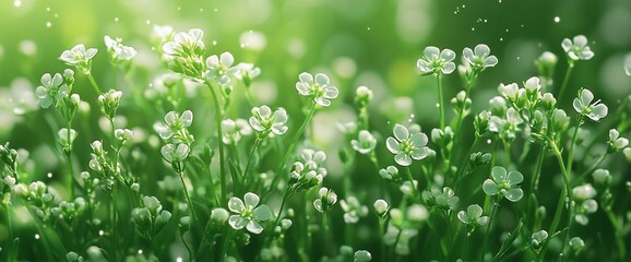 Lush green field with delicate white flowers, sunlit.