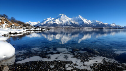 Snowy mountain lake reflection, winter landscape