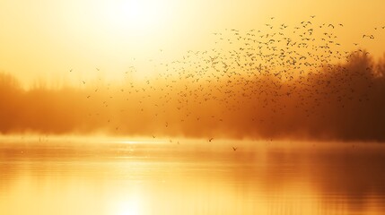 Obraz premium Golden Sunset Birds Flying Over Calm Water