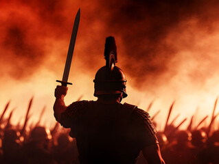 A Roman centurion standing in front of his troops, raising his sword to signal the start of a great battle.


