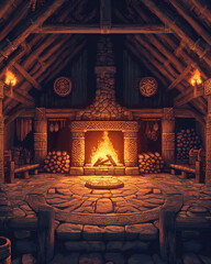 Viking Longhouse Interior with Central Hearth