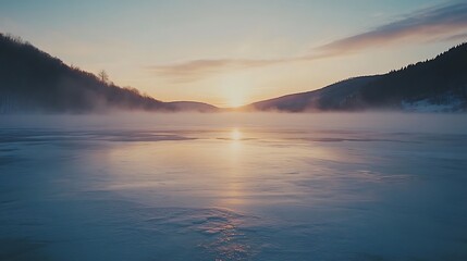 Fototapeta premium Serene Winter Sunrise Over Foggy Lake Mountains
